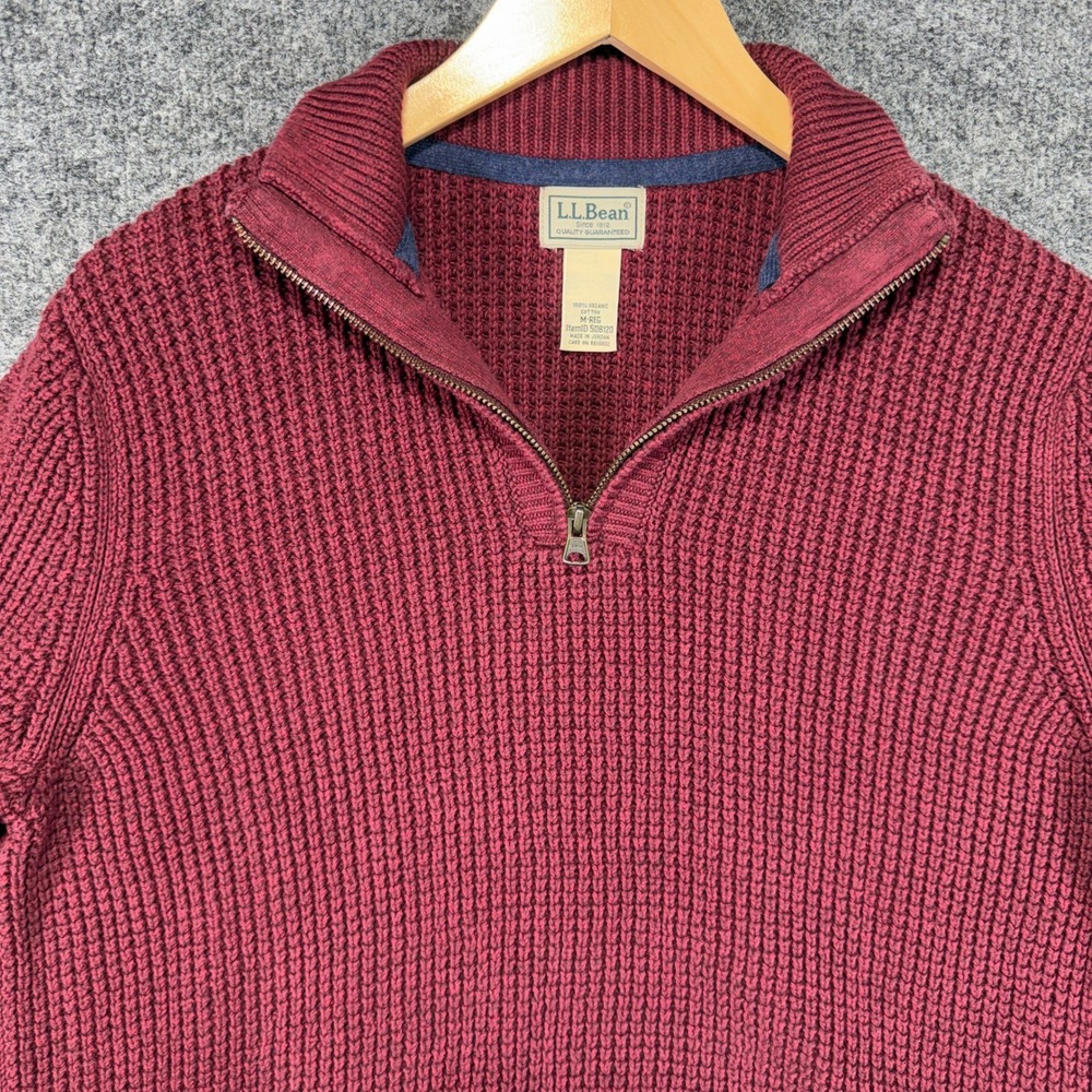 L.L. Bean Waffle Knit 1/4 Zip Sweater‎ Mens Medium Burgundy Chunky Fisherman